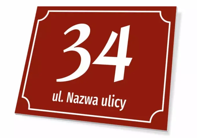 Tabliczka posesyjna numerem i ulicą - Wzór graficzny. Czerwone tło z białymi cyframi i napisem. Prostokątny kształt