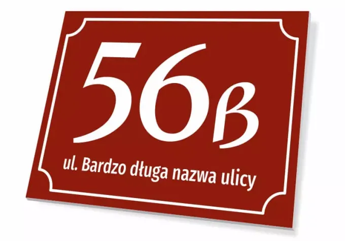 Tabliczka posesyjna numerem i ulicą - Wzór graficzny. Czerwone tło z białymi cyframi i tekstem. Ozdobna ramka