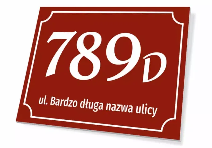 Tabliczka posesyjna numerem i ulicą - Wzór graficzny. Czerwone tło z białymi cyframi i tekstem. Prostokątny kształt