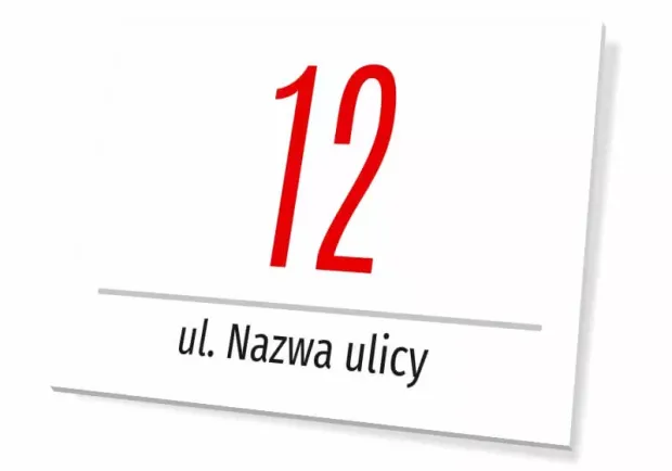 Tabliczka z numerem budynku, domu i ulicą - Wzór graficzny. Czerwony numer na białym tle, pod nim napis w czerni
