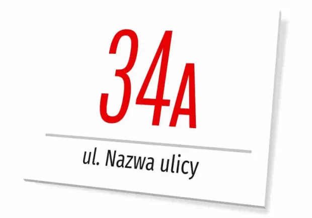 Tabliczka z numerem budynku, domu i ulicą - Wzór graficzny. Czerwony numer na białym tle z napisem ulicy poniżej