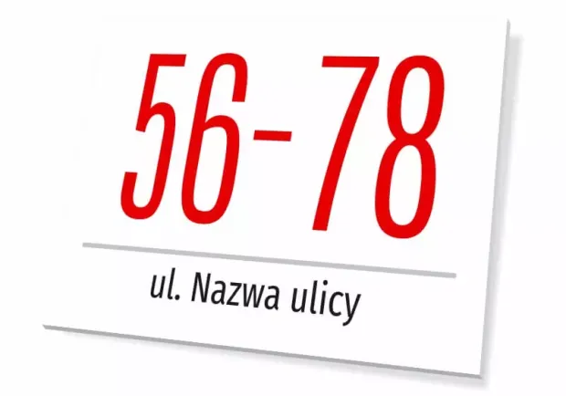 Tabliczka z numerem budynku, domu i ulicą - Wzór graficzny. Czerwone cyfry na białym tle, pod nimi czarny tekst