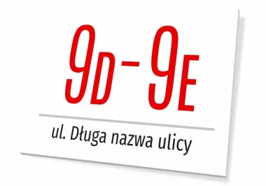 Tabliczka z numerem budynku, domu i ulicą - Wzór graficzny. Czerwone cyfry i litery na białym tle, z napisem ulicy poniżej
