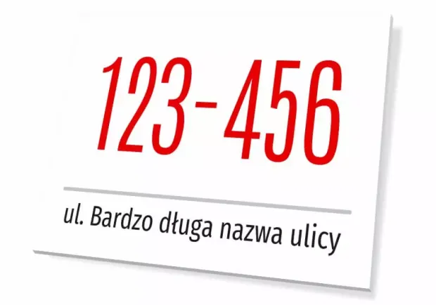 Tabliczka z numerem budynku, domu i ulicą - Wzór graficzny. Czerwone cyfry na białym tle, pod nimi czarny tekst