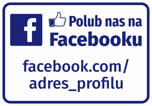 Prostokątna naklejka z logo Facebooka, napisem Polub nas na Facebooku oraz miejscem na własny adres profilu
