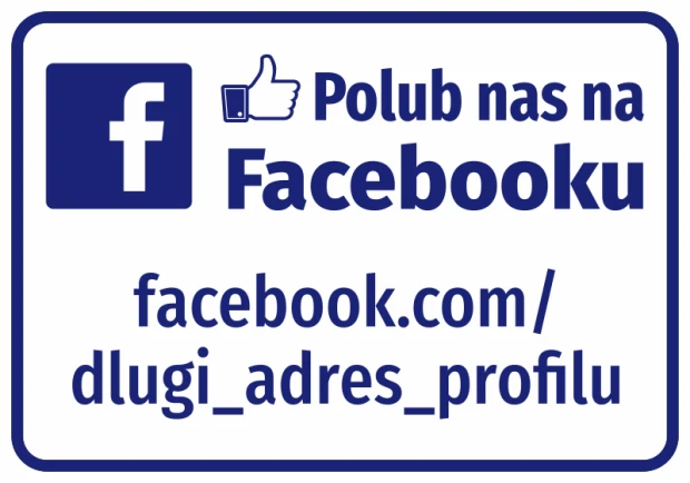 Naklejka z logo Facebooka i napisem Polub nas na Facebooku w wersji z miejscem na długi adres profilu na białym tle