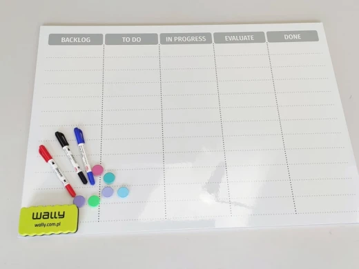 Tablica suchościeralna magnetyczna z nadrukiem Scrum w zestawie z markerami i magnesami