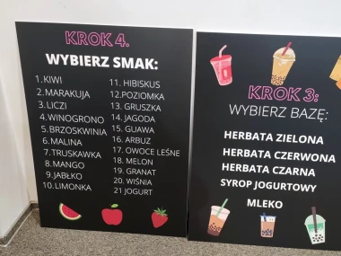 Zestaw tablic kredowych z indywidualnym nadrukiem, na podłożu PCV - Wzór graficzny. Lista smaków i baz z numerami
