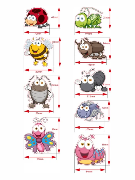 Magnesy owady - Wzór graficzny. Kształty owadów z wyraźnymi konturami, wesołe twarze i różnorodne kolory
