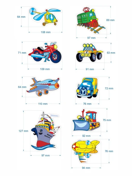 Infografika przedstawiająca wymiary poszczególnych magnesów z nadrukiem kolorowych pojazdów