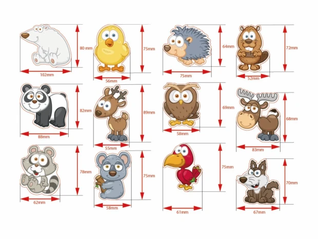 Magnesy zwierzęta leśne - Wzór graficzny. Kształty zwierząt, w tym niedźwiedź, sowa i jeż, w jasnych kolorach