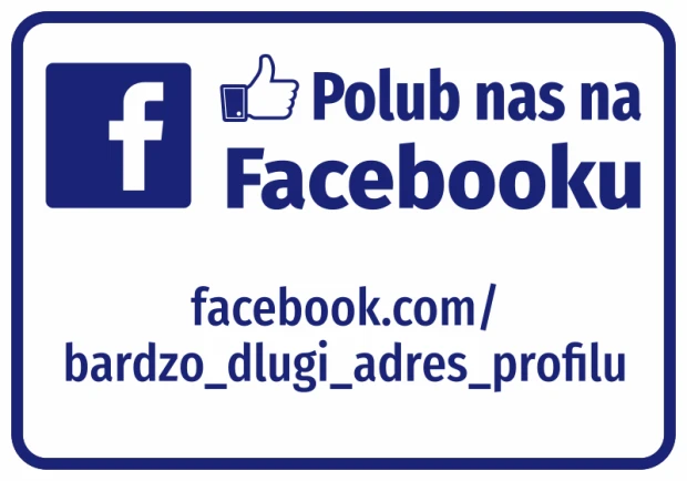 Naklejka z logo Facebooka, ikoną kciuka i napisem Polub nas na Facebooku oraz miejscem na dwuwierszowy adres profilu