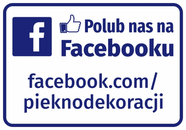 Naklejka z logo Facebooka i napisem Polub nas na Facebooku z przykładowym adresem profilu w ciemnoniebieskiej ramce