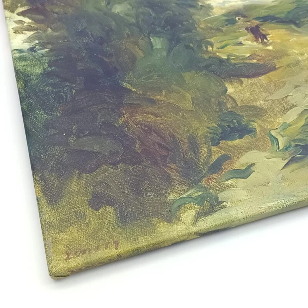 Reprodukcja obrazu Landscape between Storms Auguste Renoira na zbliżeniu pokazującym strukturę płótna i narożnik