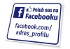 Tabliczka z adresem profilu na Facebooku - Wzór graficzny. Prosta forma z niebieskim tłem, białym tekstem i ikoną Facebooka