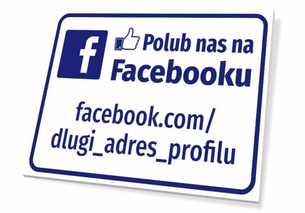 Tabliczka z adresem profilu na Facebooku - Wzór graficzny. Prosta grafika z niebieskim tłem, białym napisem i ikoną