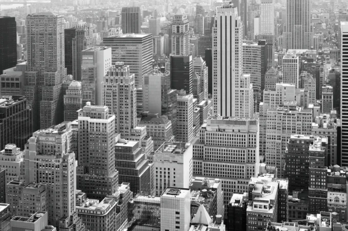Fototapeta na ścianę Manhattan FP 6447 - Wzór graficzny. Widok na gęsto zabudowane miasto z wysokimi budynkami w odcieniach