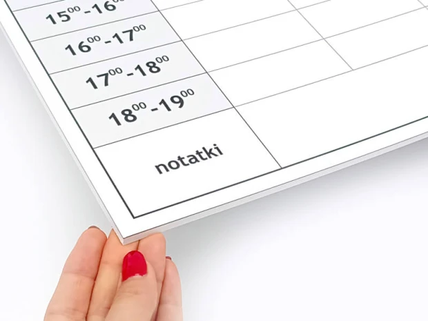 Tablica suchościeralna magnetyczna 040 plan tygodnia - Wzór graficzny. Prosty układ z prostokątnymi polami i miejscem