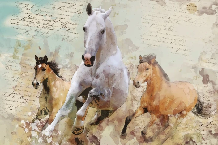 Fototapeta na ścianę konie w galopie FP 6480 - Wzór graficzny. Trzy konie w ruchu na tle starych, zżółkłych stron tekstu