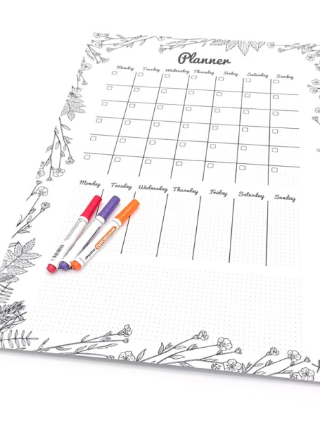 Tablica suchościeralna Planner 477 - Wzór graficzny. Grafika z kwiatowymi motywami na krawędziach, z siatką dni tygodnia