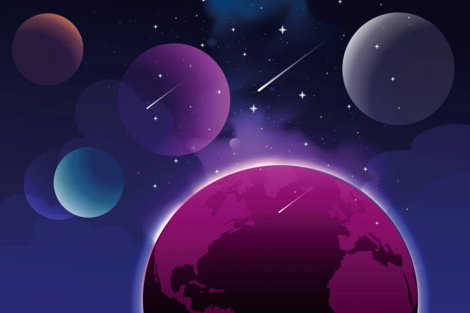Tapeta do pokoju dziecka Kosmos, planety 093 - Wzór graficzny. Ciemne tło z planetami w różnych kolorach i kometami