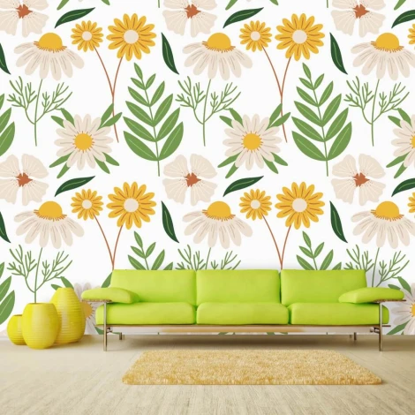 Tapeta Kwiaty, liście 089 - Aranżacja w salonie. Jasne ściany z zieloną sofą i dywanem