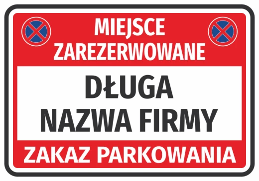 Czerwona naklejka parkingowa Miejsce zarezerwowane, zakaz parkowania z piktogramami i miejscem na nazwę firmy