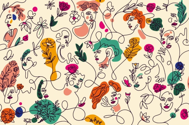 Wizualizacja tapety z nadrukiem abstrakcyjnych twarzy i kwiatów w stylu line art na jasnym tle