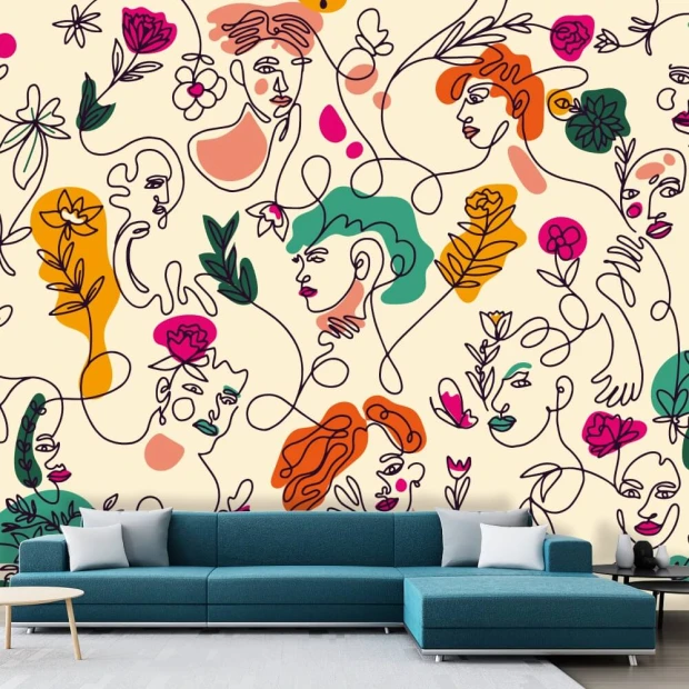 Fototapeta na ścianę z nadrukiem abstrakcyjnych twarzy i kwiatów w stylu line art we wnętrzu salonu