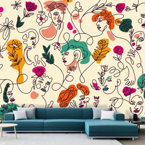 Tapeta Abstrakcyjne twarze 0107 - Aranżacja w salonie. Ściany w jasnych kolorach, nowoczesne meble w odcieniu niebieskim