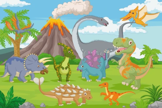 Wizualizacja fototapety do pokoju dziecka z motywem kolorowych dinozaurów i dymiącego wulkanu na białym tle