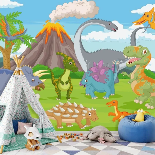 Fototapeta do pokoju dziecka z kolorowym nadrukiem dinozaurów i dymiącego wulkanu w tle