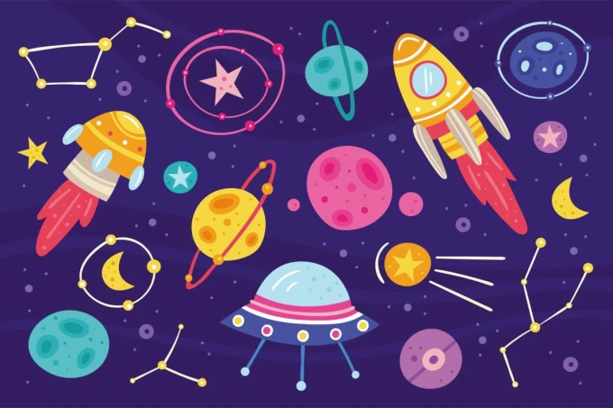 Tapeta do pokoju dziecięcego Kosmos 0102 - Wzór graficzny. Grafika przedstawia rakiety, planety, gwiazdy i konstelacje