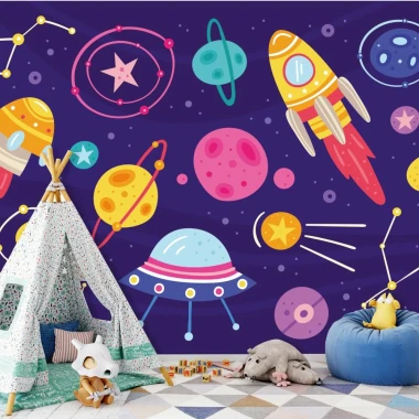 Tapeta do pokoju dziecięcego Kosmos 0102 - Aranżacja w pokoju dziecięcym. Ściany w kolorze ciemnoniebieskim z motywami