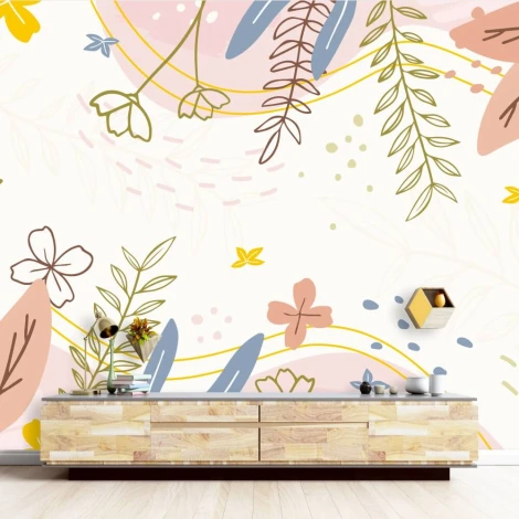 Tapeta Floral 0105 - Aranżacja w salonie. Jasne ściany z roślinnymi wzorami w pastelowych kolorach