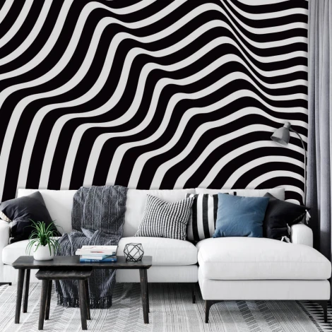 Tapeta Iluzja optyczna 0124 - Aranżacja w salonie. Ściany w odcieniach bieli i czerni, nowoczesne meble