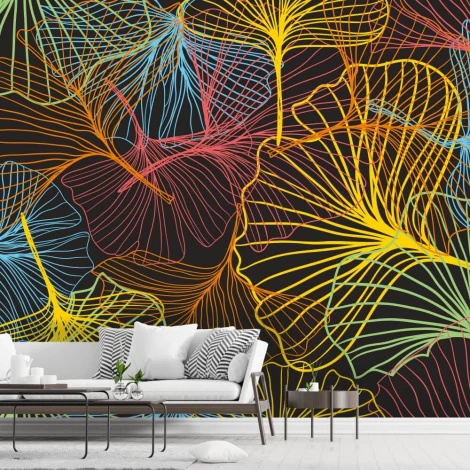 Tapeta Kolorowe kwiaty 0112 - Wzór graficzny. Czarne tło z kolorowymi konturami liści w odcieniach żółtego, czerwonego