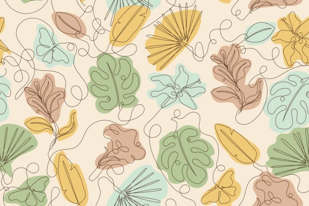 Wizualizacja tapety z nadrukiem liści monstery, palm i kwiatów w stylu line art na beżowym tle