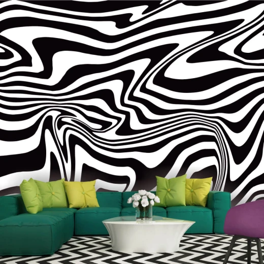 Fototapeta na ścianę z czarno-białym, psychodelicznym motywem falistych linii we wnętrzu salonu