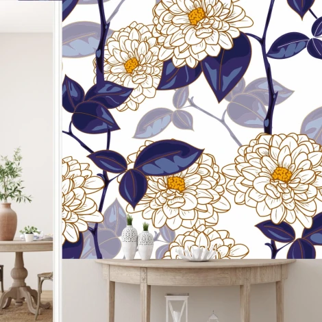 Tapeta Białe kwiaty 0140 - Aranżacja w salonie. Ściany w jasnym kolorze, stół z rośliną w doniczce