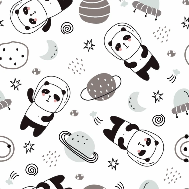 Tapeta dla dzieci Misie panda 0164 - Wzór graficzny. Na białym tle znajdują się misie panda w skafandrach, planety, gwiazdy