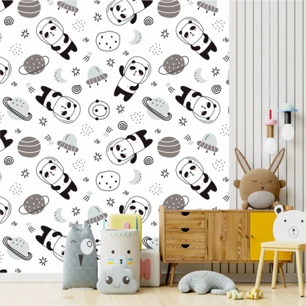 Tapeta dla dzieci Misie panda 0164 - Wzór graficzny. Na białym tle znajdują się rysunki pand, planet, gwiazd i owadów