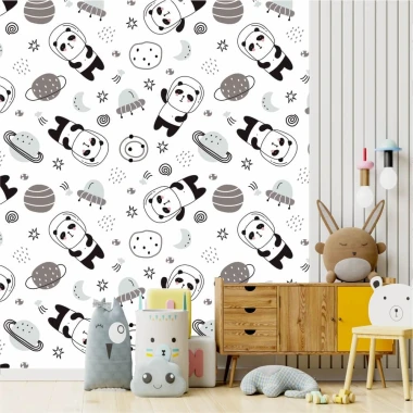 Tapeta dla dzieci Misie panda 0164 - Wzór graficzny. Na białym tle znajdują się rysunki pand, planet, gwiazd i owadów