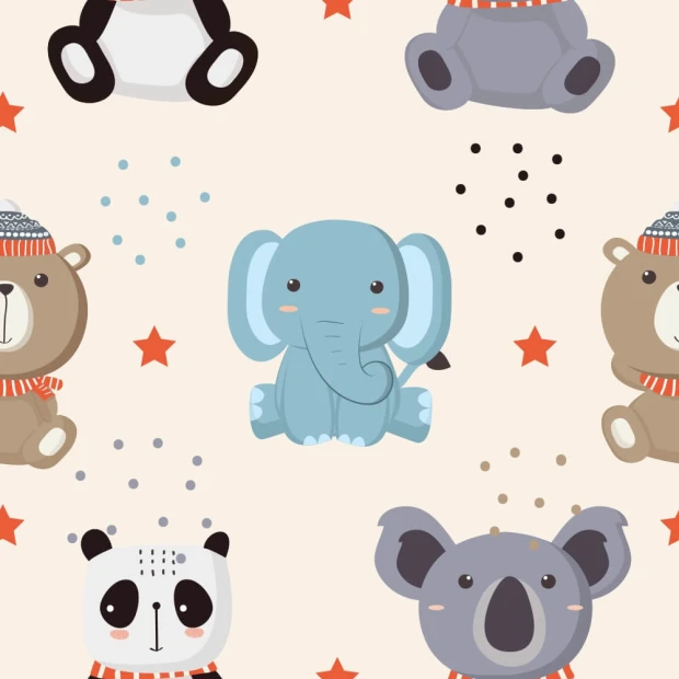 Tapeta dla dzieci Panda, miś, słoń 0173 - Wzór graficzny. Na jasnym tle znajdują się rysunki pandy, misia, słonia i koali