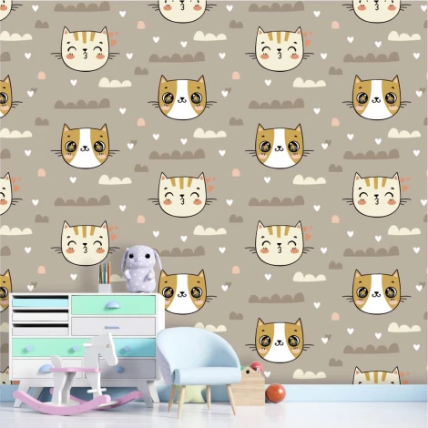 Tapeta dla dzieci Słodkie koty 0149 - Aranżacja w pokoju dziecięcym. Ściany w jasnych kolorach z meblami w pastelowych