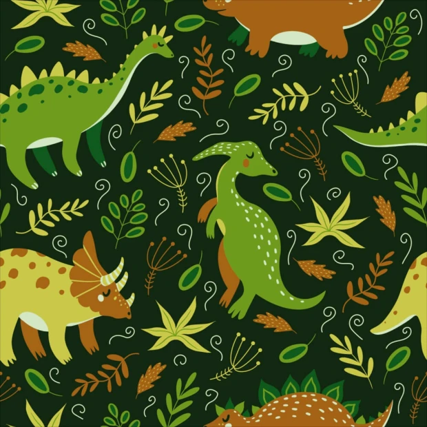 Tapeta do pokoju chłopca Dinozaury 0148 - Wzór graficzny. Zielone dinozaury wśród liści i gałązek na ciemnym tle
