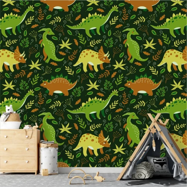 Tapeta do pokoju chłopca Dinozaury 0148 - Aranżacja w pokoju dziecięcym. Ściany w ciemnym kolorze z motywem dinozaurów