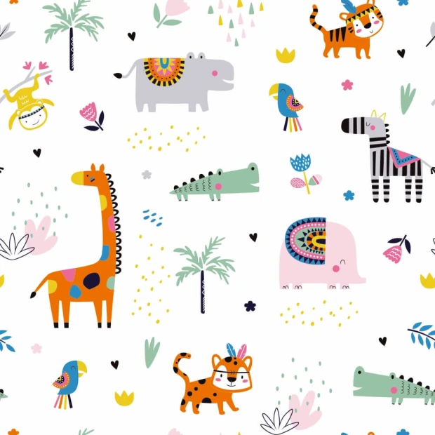 Tapeta do pokoju dziecka Safari 0150 - Wzór graficzny. Zwierzęta, rośliny i kształty w pastelowych kolorach