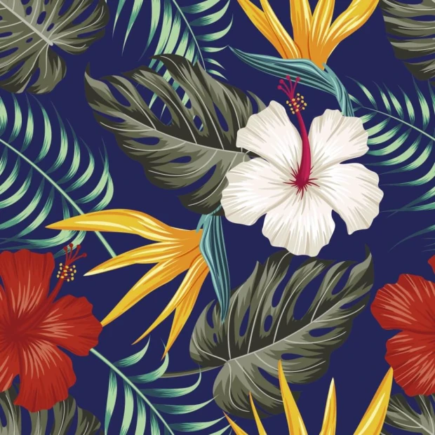 Tapeta Hibiscus, liście 0171 - Wzór graficzny. Liście w odcieniach zieleni z kwiatami hibiskusa w kolorze czerwonym i białym