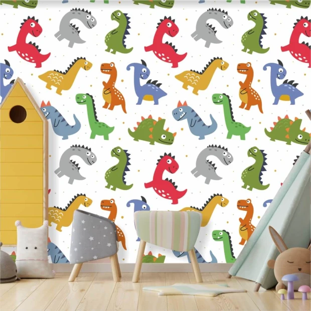 Fototapeta do pokoju dziecka z nadrukiem w kolorowe, rysunkowe dinozaury na białym tle, naklejona na ścianę
